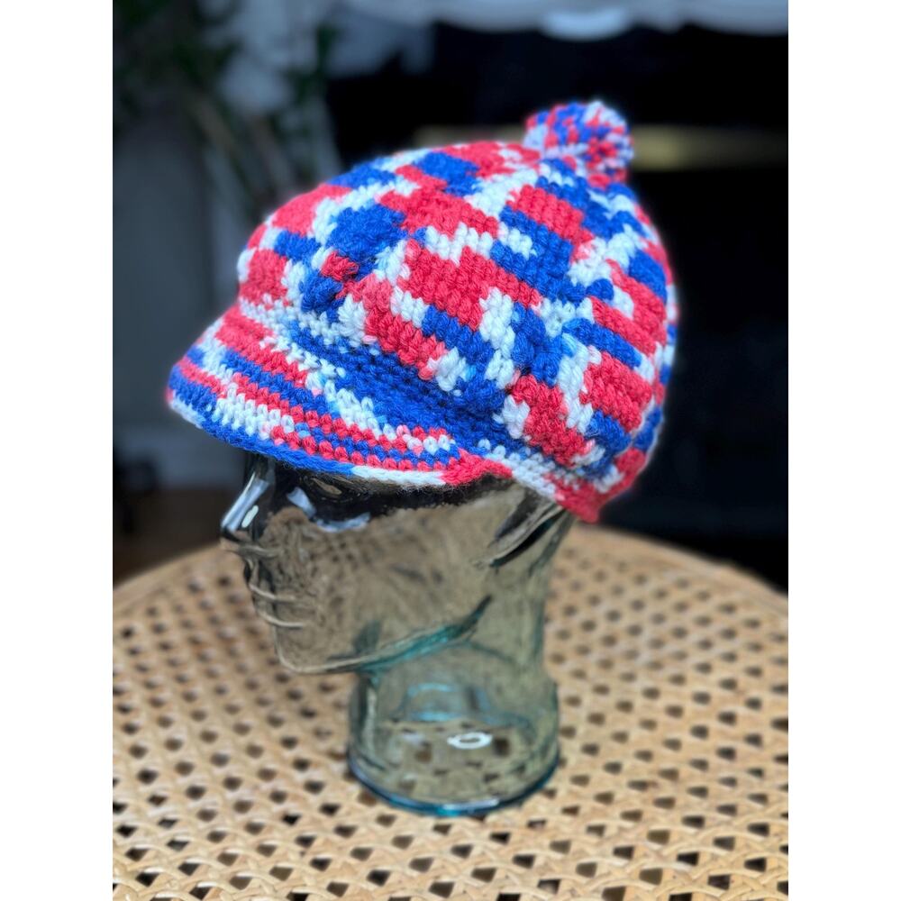 Vintage Crochet Pom Pom Hat With Brim, Red White & Blue Knit Hat, 60s 70s